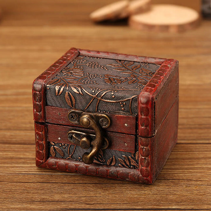 Buddha Stones Retro Small Square Wood Jewelry Box Lotus Grass Flower Grape Copper Coin Daffodil Jewelry Storage Box