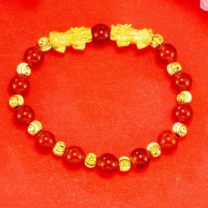 Buddha Stones Electroplating Golden Double Pixiu Wealth Bracelet