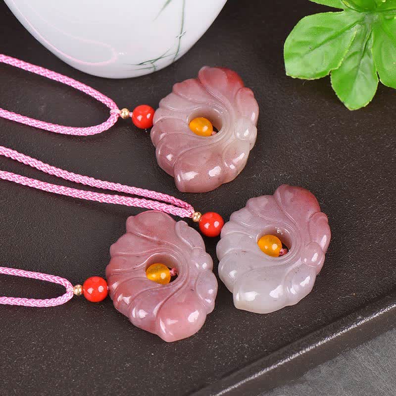 Pink Golden Silk Jade Lotus Flower Wealth Necklace Pendant