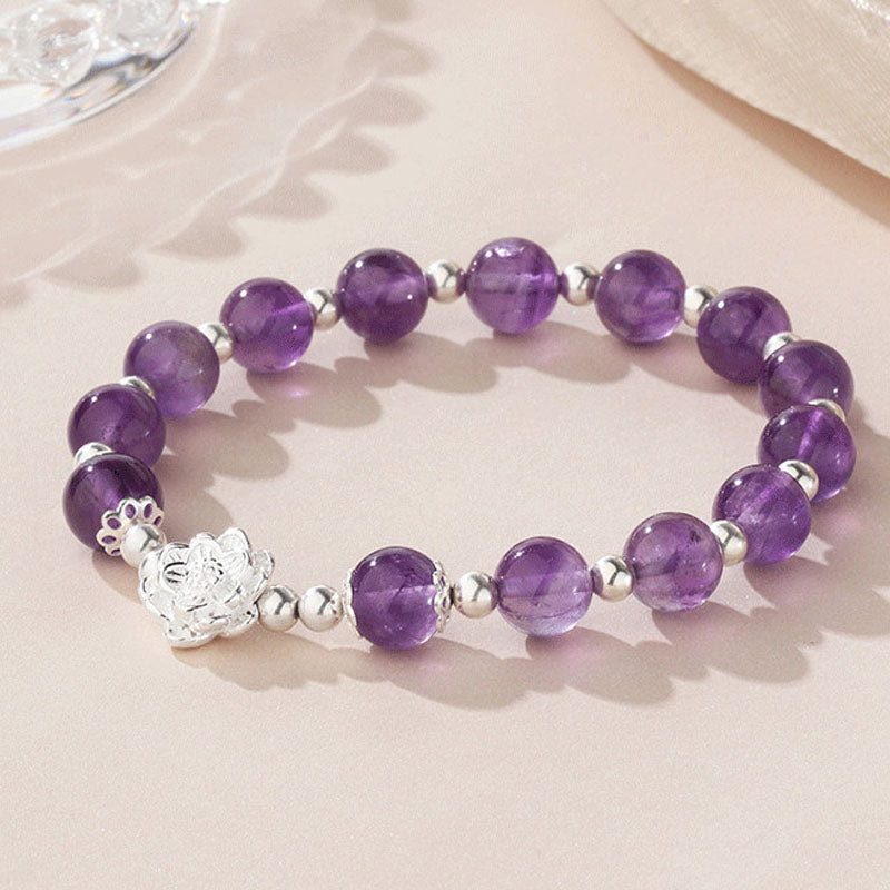 Buddha Stones 925 Sterling Silver Natural Amethyst Lotus Spiritual Bracelet