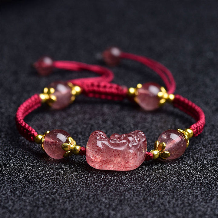 Buddha Stones Natural Strawberry Crystal Pixiu Charm Lucky Red String Bracelet