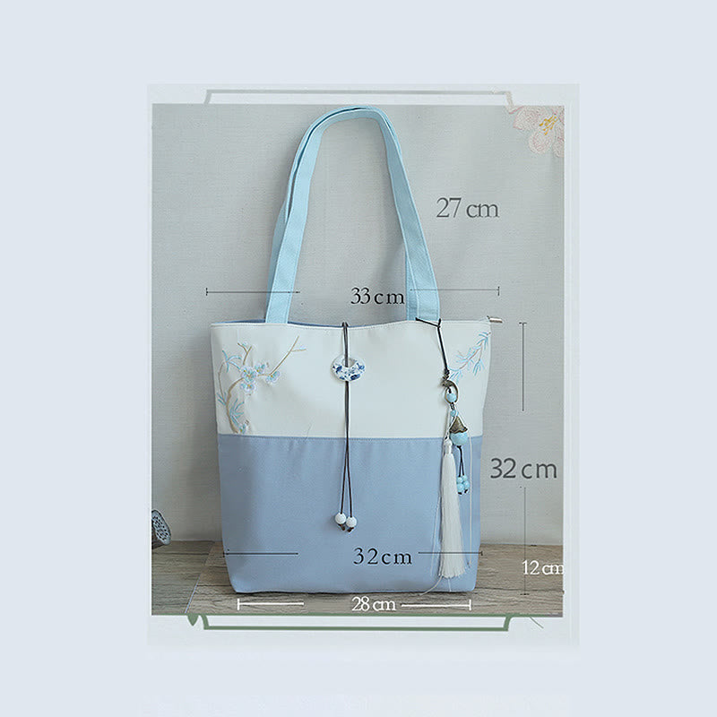 Pear Flower Plum Peach Blossom Bamboo Embroidery Canvas Large Capacity Shoulder Bag Tote Bag