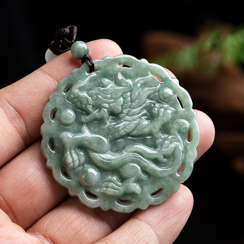 Chinese Zodiac Dragon Phoenix Round Jade Luck Necklace String Pendant