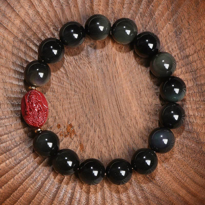 Buddha Stones Chinese Zodiac Natal Buddha Natural Black Obsidian Cinnabar Purification Bracelet