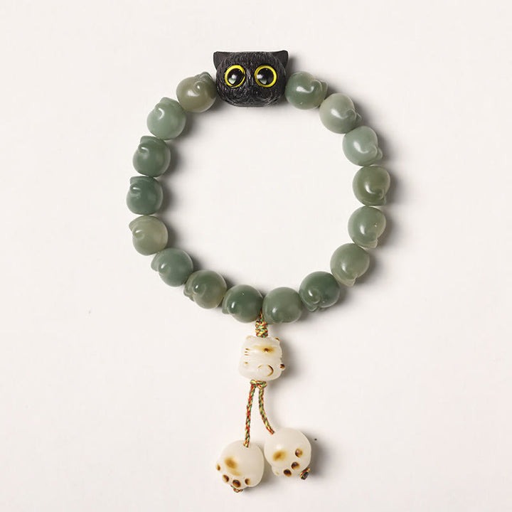 Buddha Stones Natural Bodhi Seed Lovely Paw Ebony Wood Lucky Cat Wisdom Bracelet