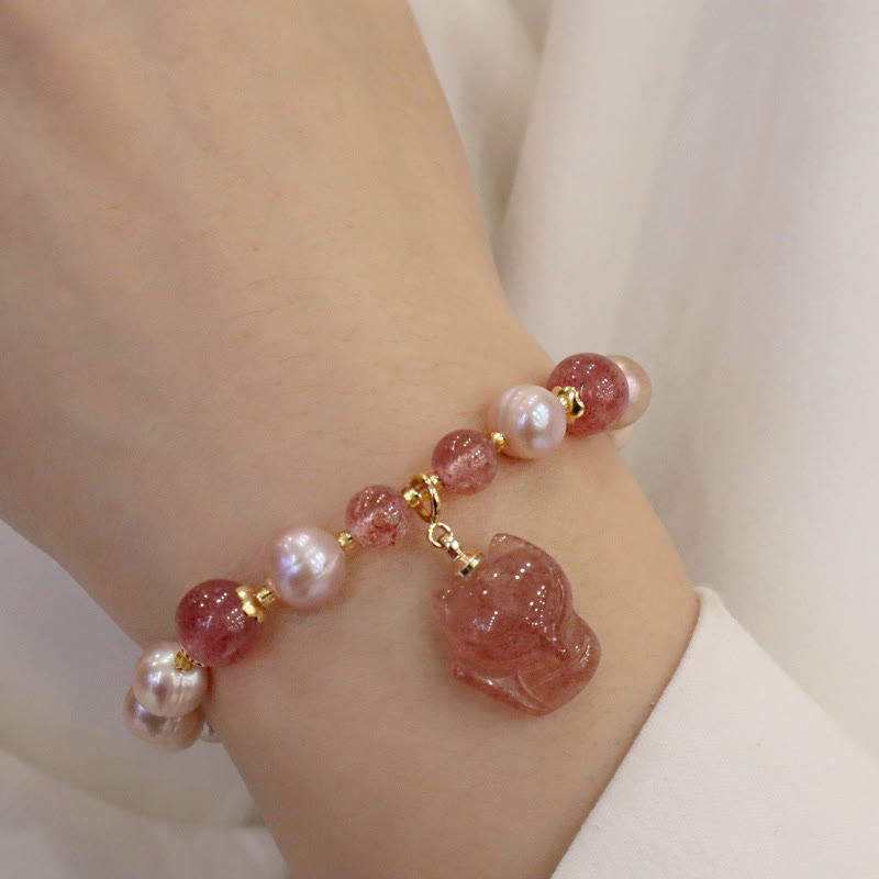 Buddha Stones Natural Pearl Strawberry Quartz Cute Fox Love Healing Charm Bracelet