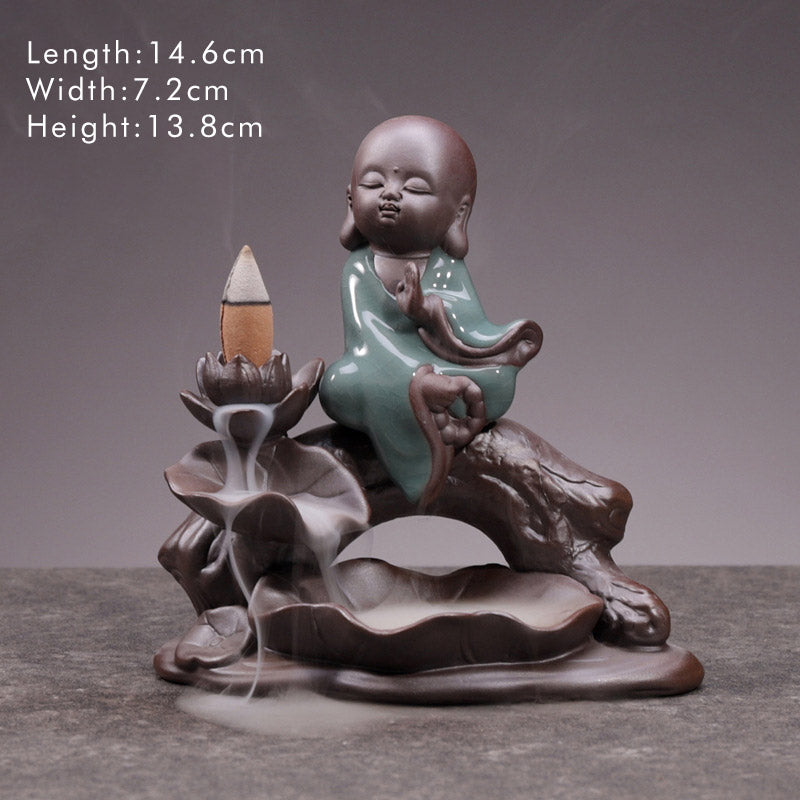 Buddha Little Monk Ceramic Lotus Blessing Incense Burner Decoration