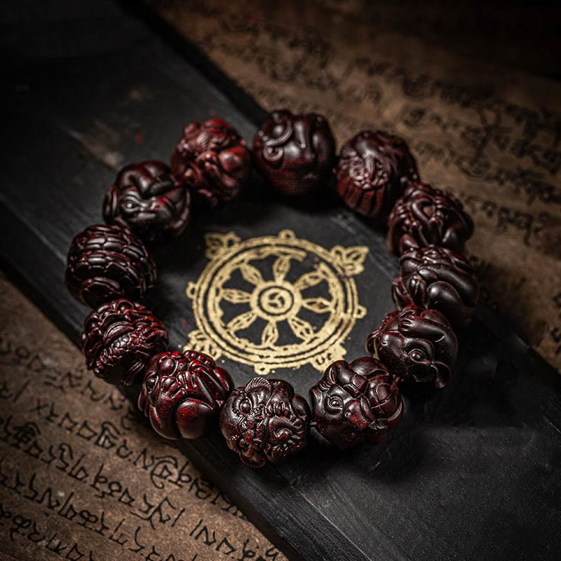 Buddha Stones Chinese Zodiac Engraved Small Leaf Red Sandalwood Protection Bracelet