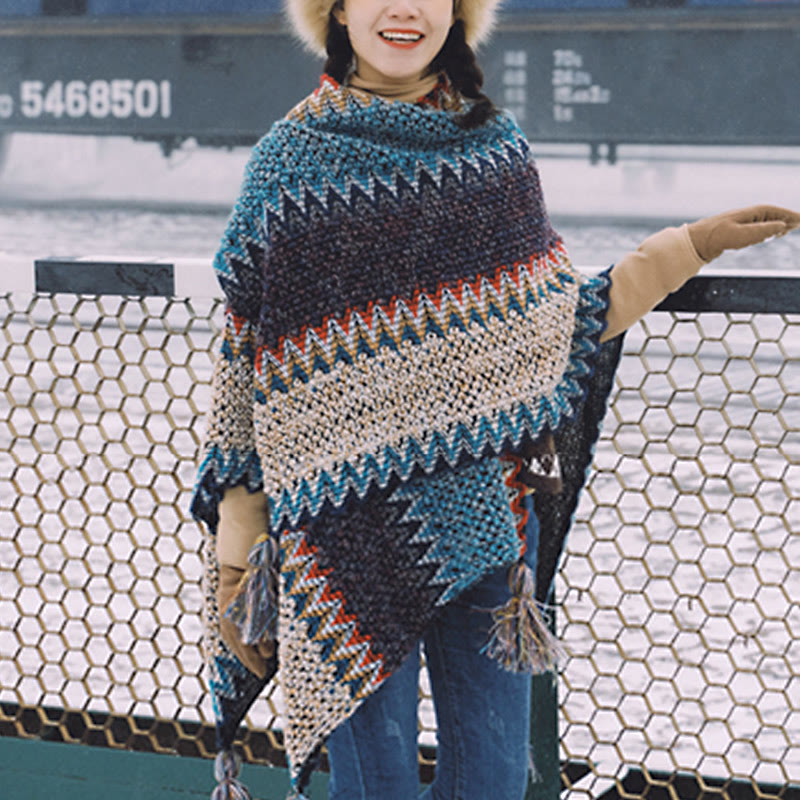 Tibetan Shawl Blue Beige Red Wavy Pattern Winter Warm Tassel Scarf