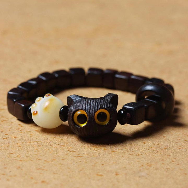 Buddha Stones Ebony Wood Cute Cat Bodhi Seed Paw Claw Square Beads Calm Bracelet