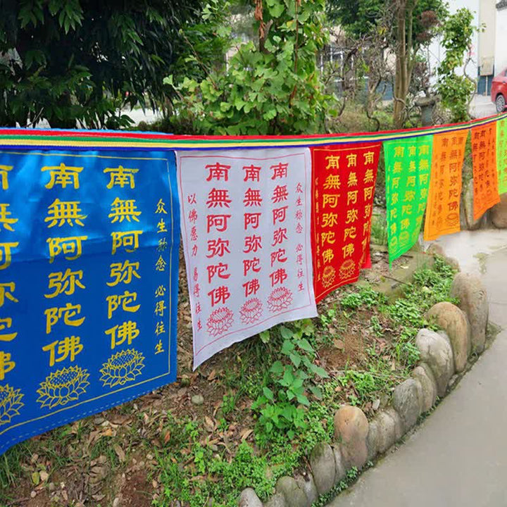 Tibetan 7 Colors Windhorse Letter Auspicious Lotus Outdoor 21 Pcs Prayer Flag