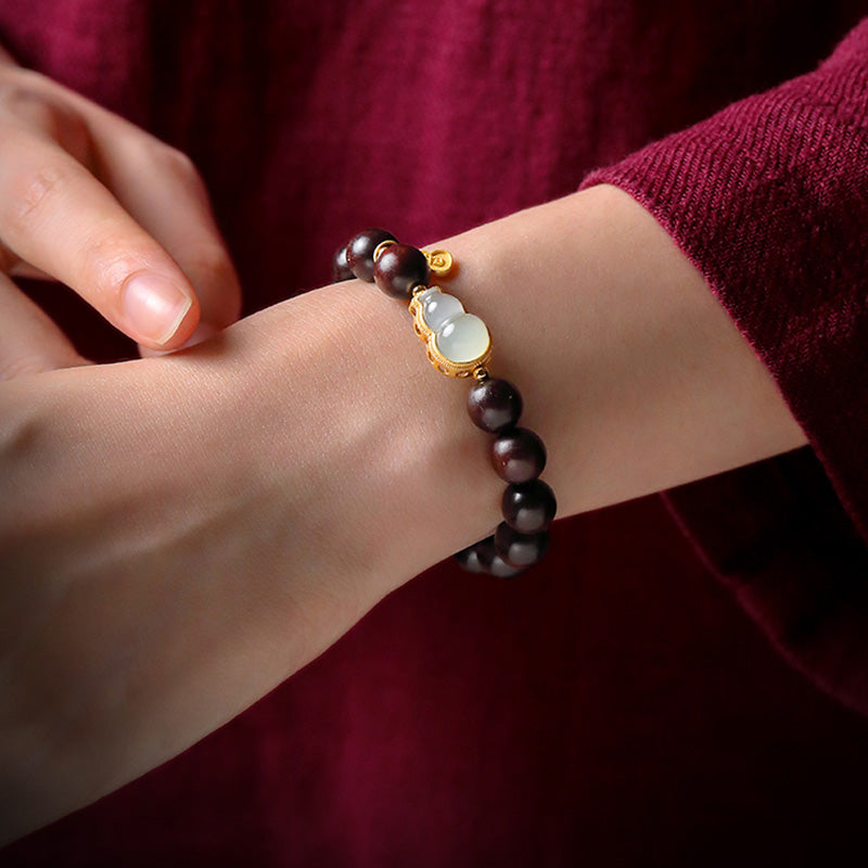 Buddha Stones Small Leaf Red Sandalwood Gourd Jade Calm Relaxation Bracelet