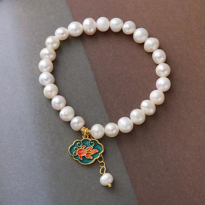 Natural Pearl Lotus Koi Fish Goldfish Optimism Charm Bracelet