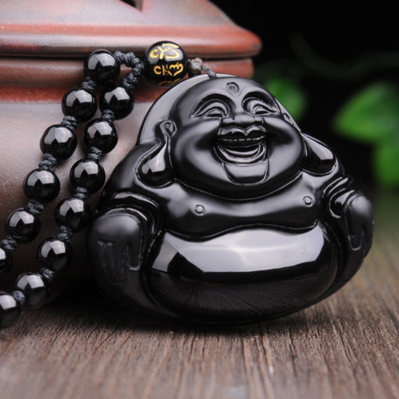 Buddha Stones Laughing Buddha Black Obsidian Transformation Pendant Necklace