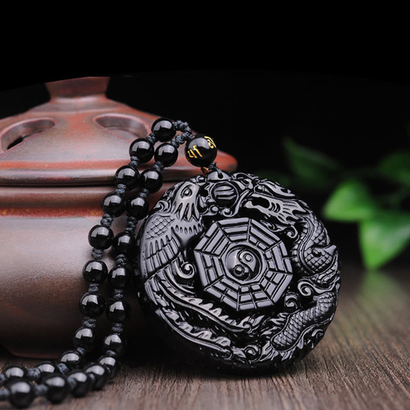 Buddha Stones Bagua Dragon Phoenix Obsidian Fulfilment Pendant Necklace