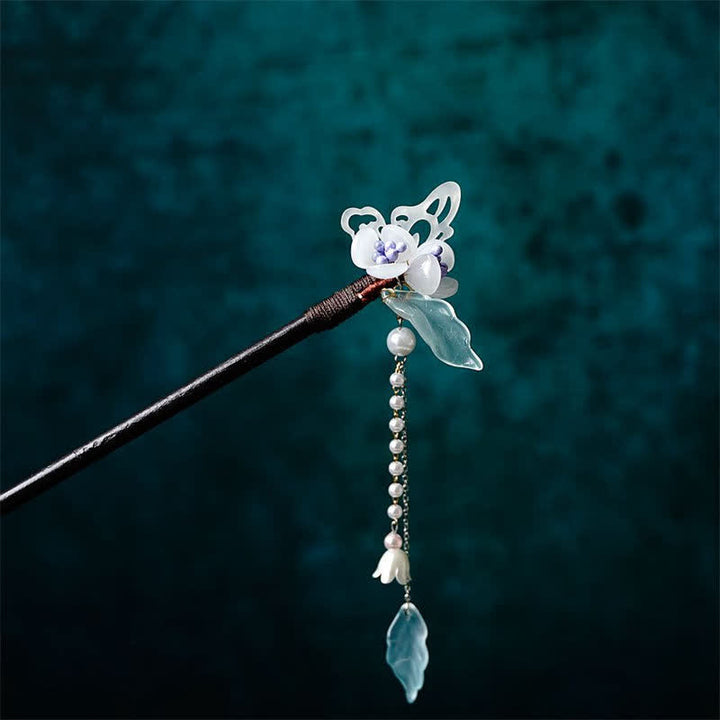 Buddha Stones Pearl Flower Leaf Butterfly Happiness Hairpin