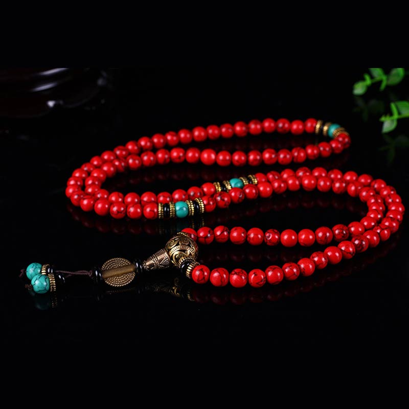 Buddha Stones Tibetan Mala Red Turquoise Lucky Necklace Bracelet