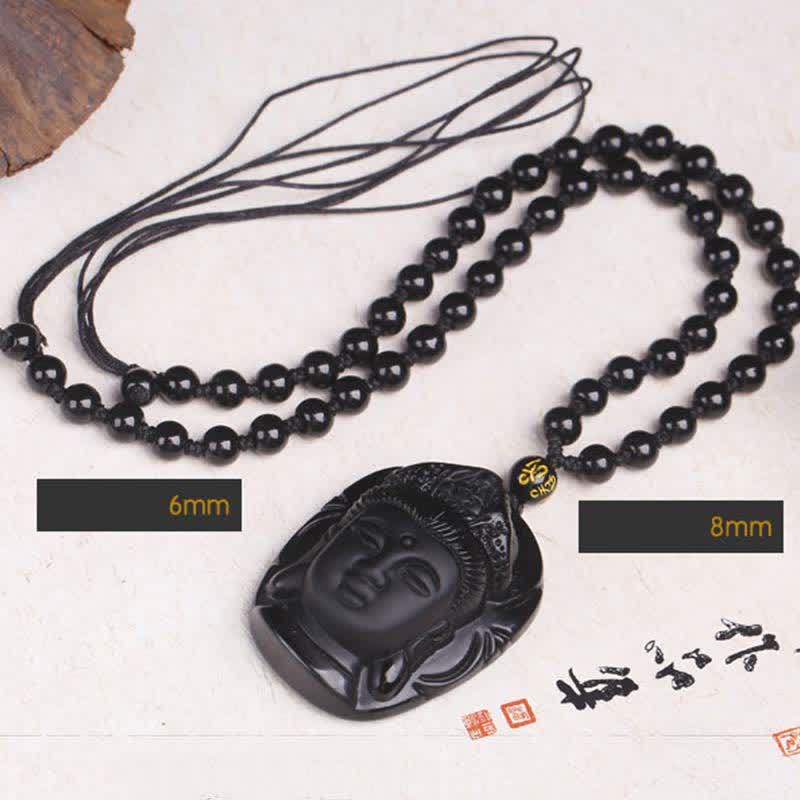 Buddha Stones Natural Black Obsidian Kwan Yin Avalokitesvara Strength String Necklace Pendant