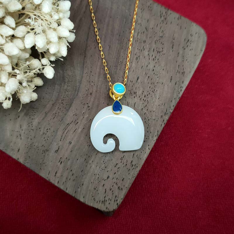 Buddha Stones White Jade Elephant Luck Fortune Necklace Pendant