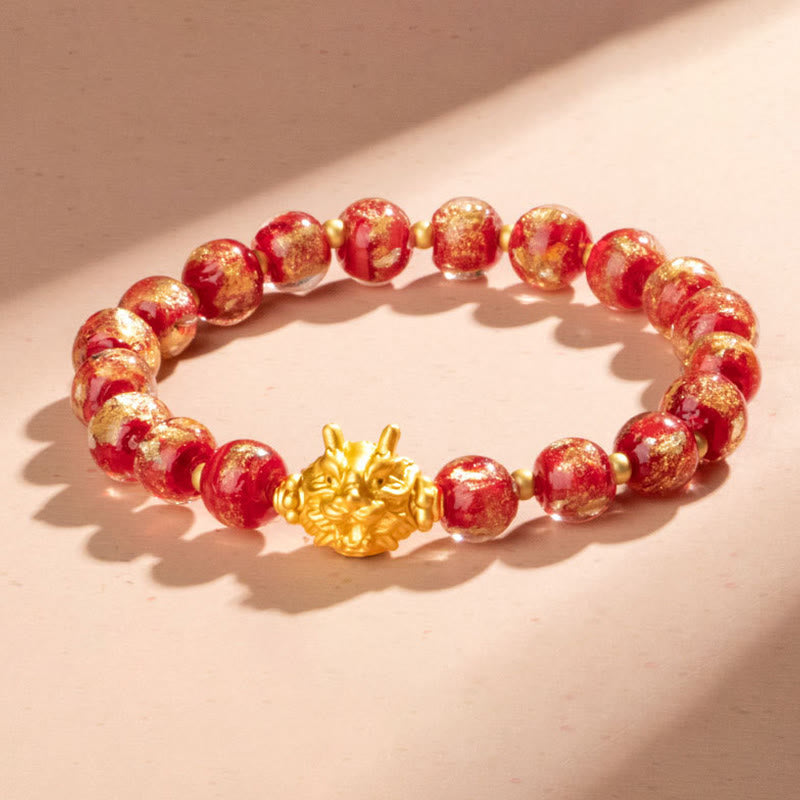 Buddha Stones Year of the Dragon Gold Foil Liuli Glass Bead Luck Bracelet