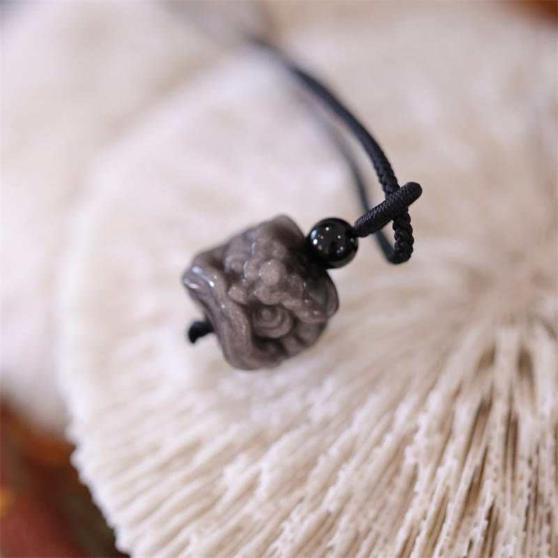 Buddha Stones Natural Silver Sheen Obsidian Dancing Lion Protection Necklace Pendant