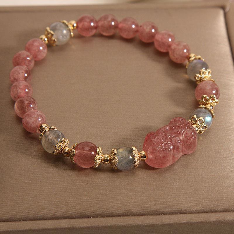 Buddha Stones Natural Strawberry Quartz Moonstone PiXiu Positive Bracelet