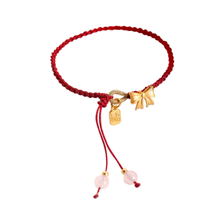 Buddha Stones Handmade Peach Blossom Rosette Bow Knot Fu Character Charm Luck Fortune Red Rope Bracelet