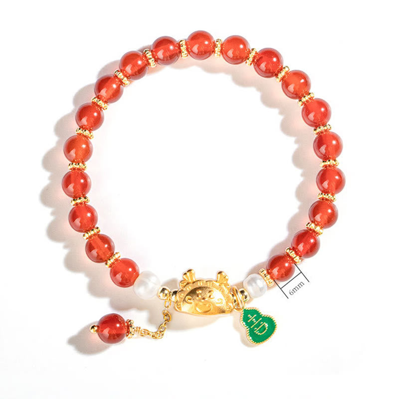 Buddha Stones Year Of The Dragon Natural Red Agate Pink Crystal Black Onyx Dumpling Luck Fu Character Bracelet