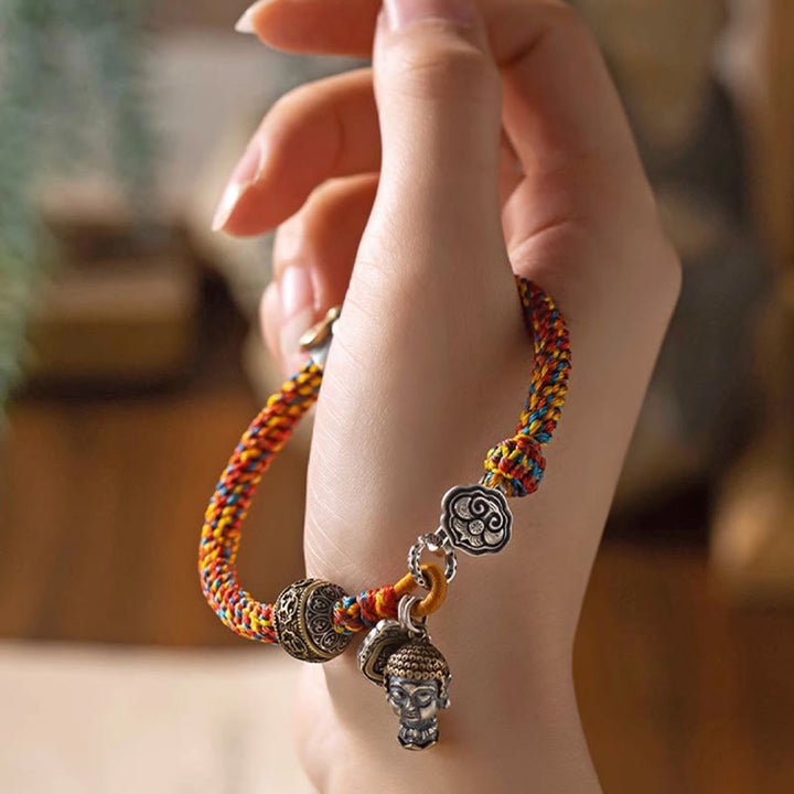 Buddha Stones Handmade Tibetan 925 Sterling Silver Chinese Zodiac Natal Buddha Zakiram Goddess of Wealth Protection Multicolored Rope Braided Bracelet