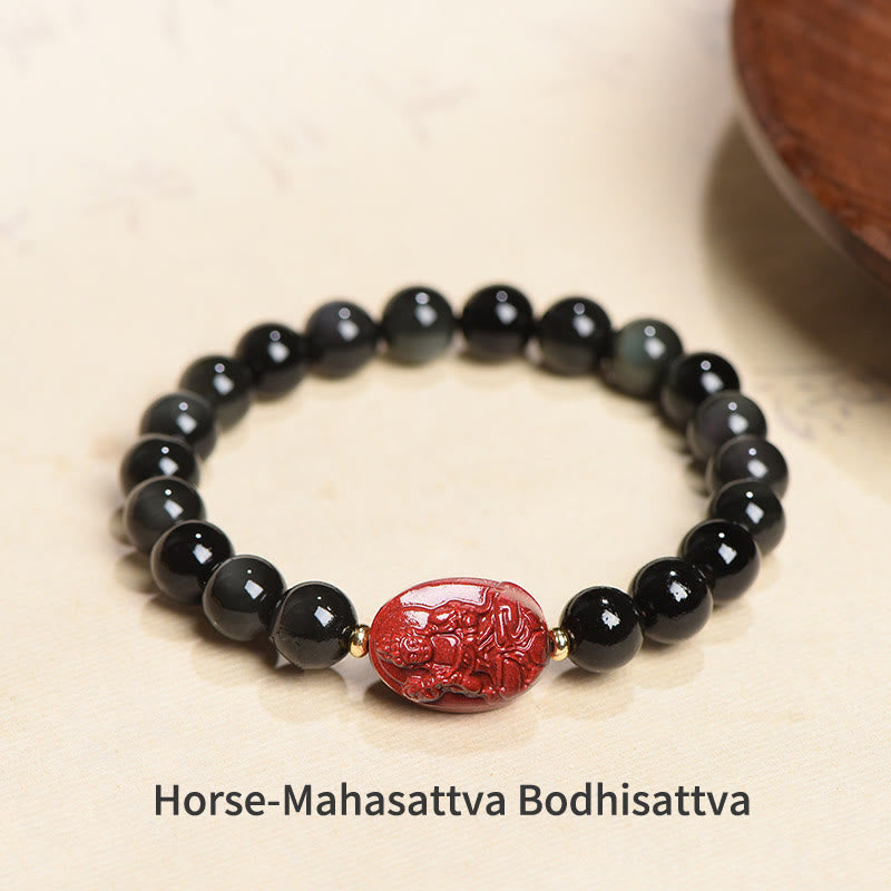 Buddha Stones Chinese Zodiac Natal Buddha Natural Black Obsidian Cinnabar Purification Bracelet