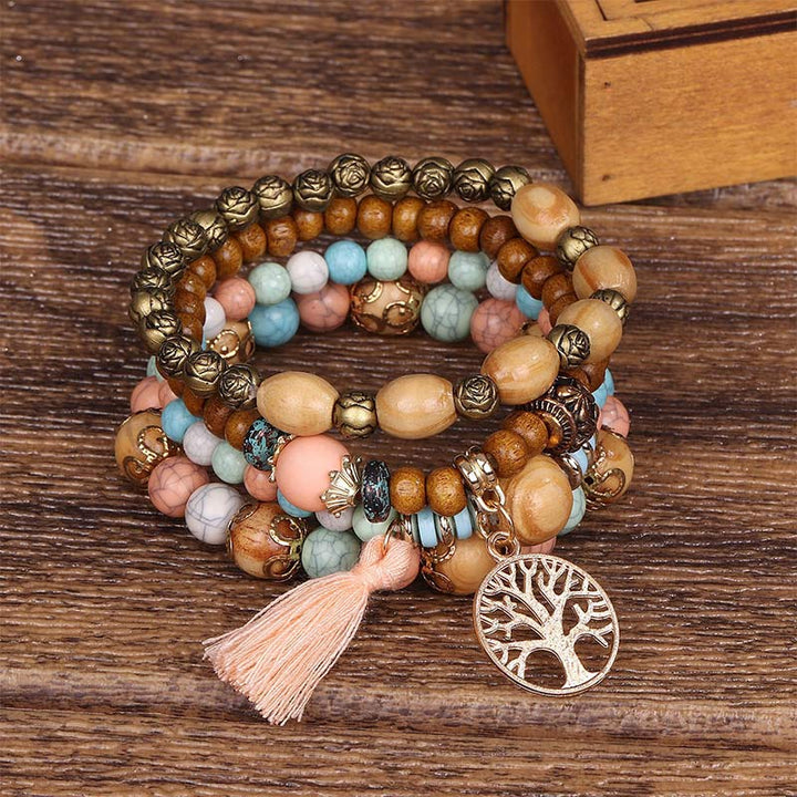 Wenge Wood Layered Tree Tassel Healing Bracelet