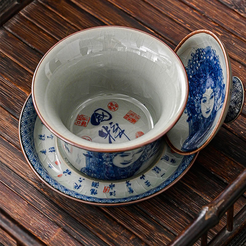 Buddha Stones Jingdezhen Dragon Phoenix Pavilion Pine Flower Ceramic Gaiwan Sancai Teacup Kung Fu Tea Cup And Saucer With Lid 170ml