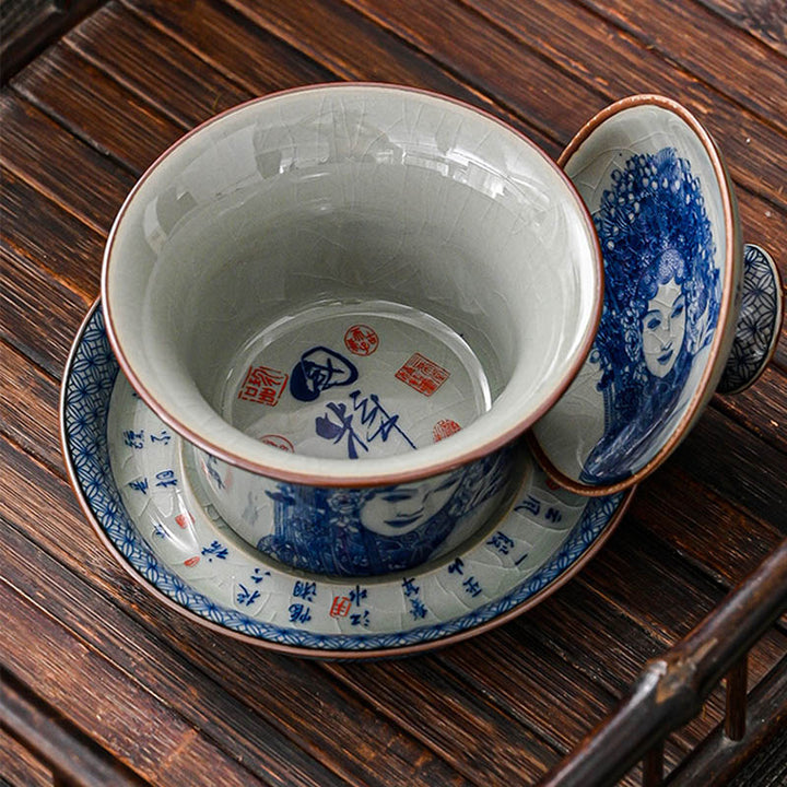 Buddha Stones Jingdezhen Dragon Phoenix Pavilion Pine Flower Ceramic Gaiwan Sancai Teacup Kung Fu Tea Cup And Saucer With Lid 170ml