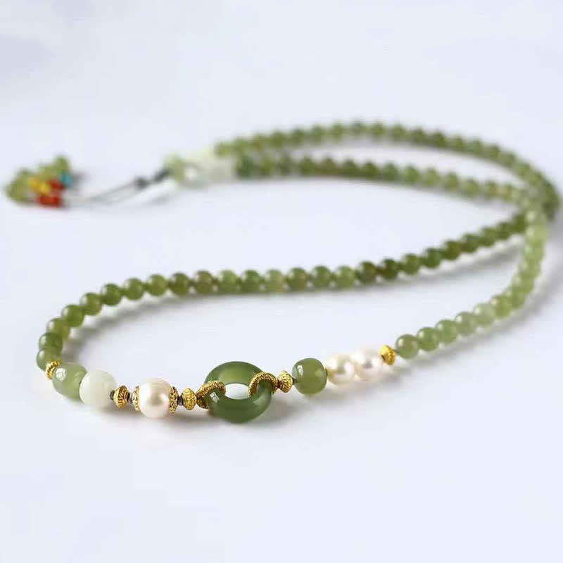 Hetian Jade Pearl Peace Buckle Luck Wealth String Bracelet