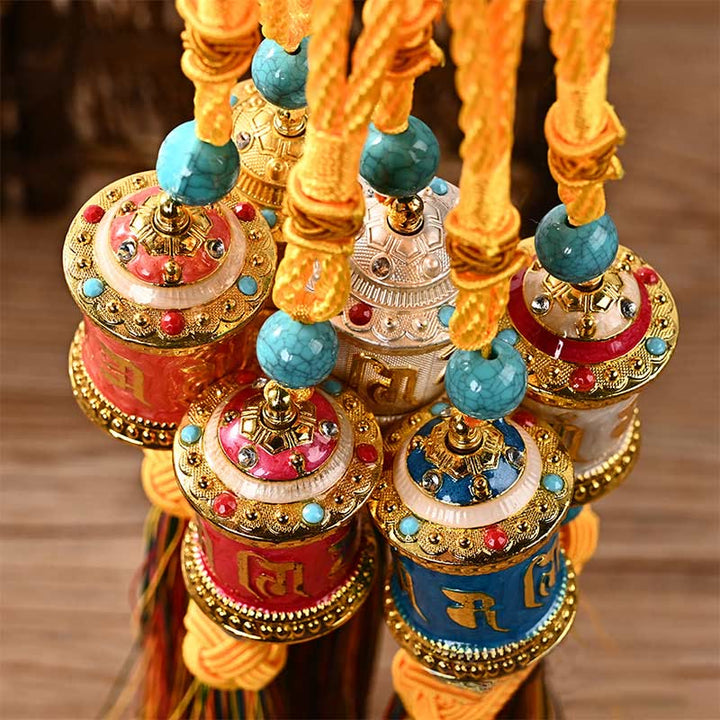 Tibet Om Mani Padme Hum Prayer Wheel Colorful Tassels Bag Car Hanging Decoration