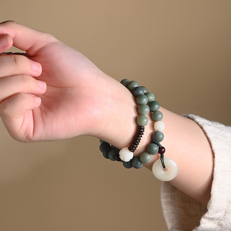 Cyan Bodhi Seed Lotus Jade Peace Buckle Wisdom Double Wrap Bracelet