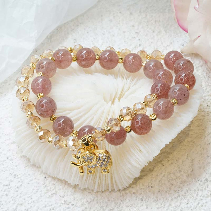 Buddha Stones Rose Quartz Elephant Healing Energy Charm Bracelet