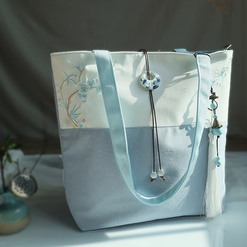 Pear Flower Plum Peach Blossom Bamboo Embroidery Canvas Large Capacity Shoulder Bag Tote Bag