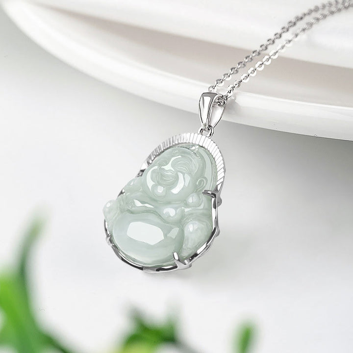 Buddha Stones '925 Sterling Silver Laughing Buddha Jade Luck Calm Necklace Chain Pendant