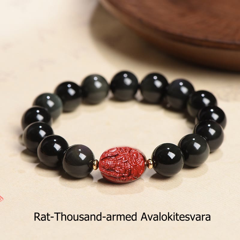 Buddha Stones Chinese Zodiac Natal Buddha Natural Black Obsidian Cinnabar Purification Bracelet