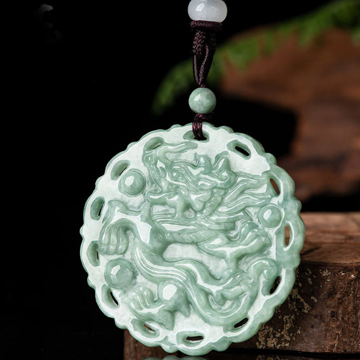 Chinese Zodiac Dragon Phoenix Round Jade Luck Necklace String Pendant