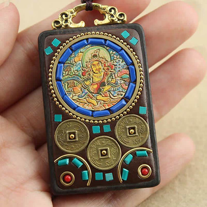 Buddha Stones Tibet God of Wealth Thangka Ebony Peace Necklace Pendant