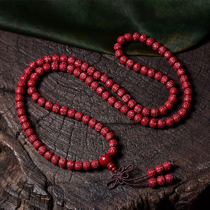 Buddha Stones 108 Mala Beads Cinnabar Om Mani Padme Hum Pattern Engraved Blessing Bracelet