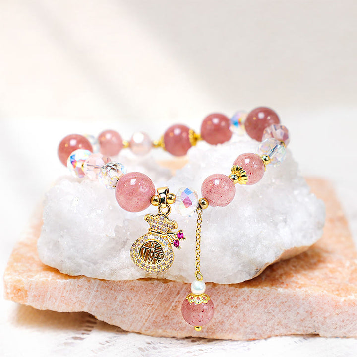 FREE Today: Love Healing Natural Strawberry Quartz Crystal Money Bag Charm Positive Bracelet