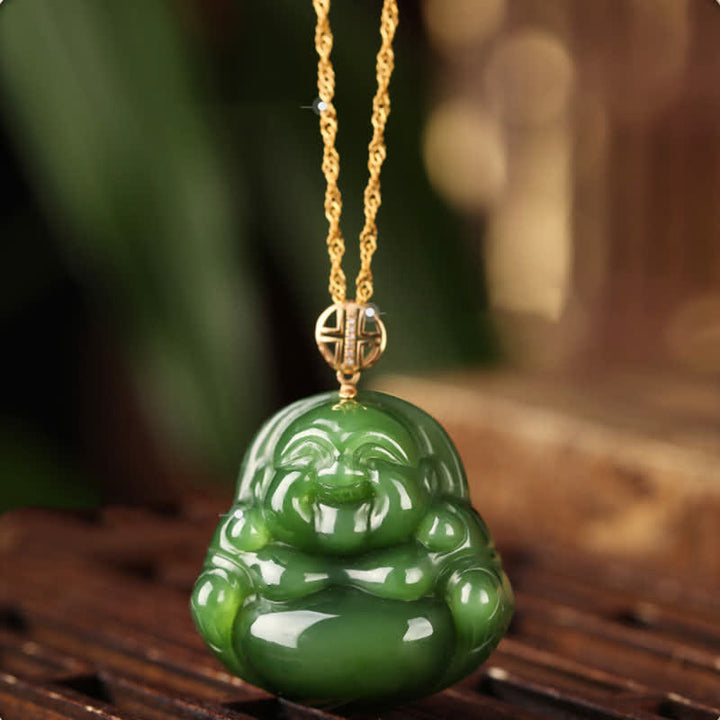 925 Sterling Silver Laughing Buddha Hetian Cyan Jade 18K Gold Success Necklace Chain Pendant