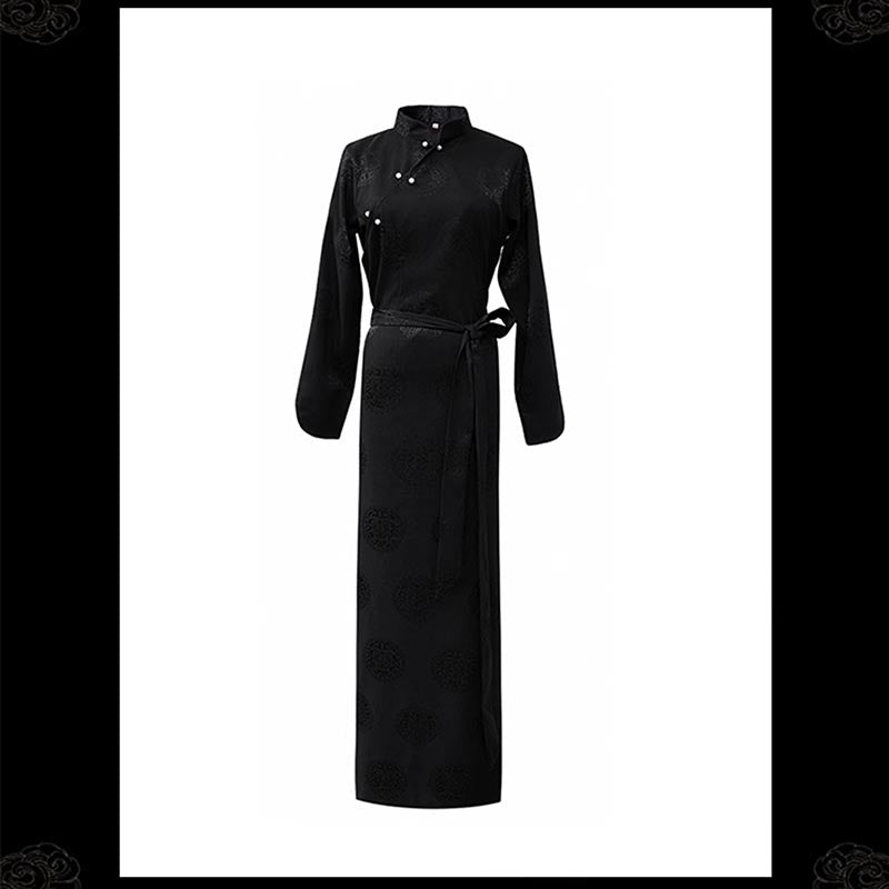 Buddha Stones Tibetan Long Sleeve Dress Lhasa Black Long Wrap Dress Maxi Dress Women Clothing