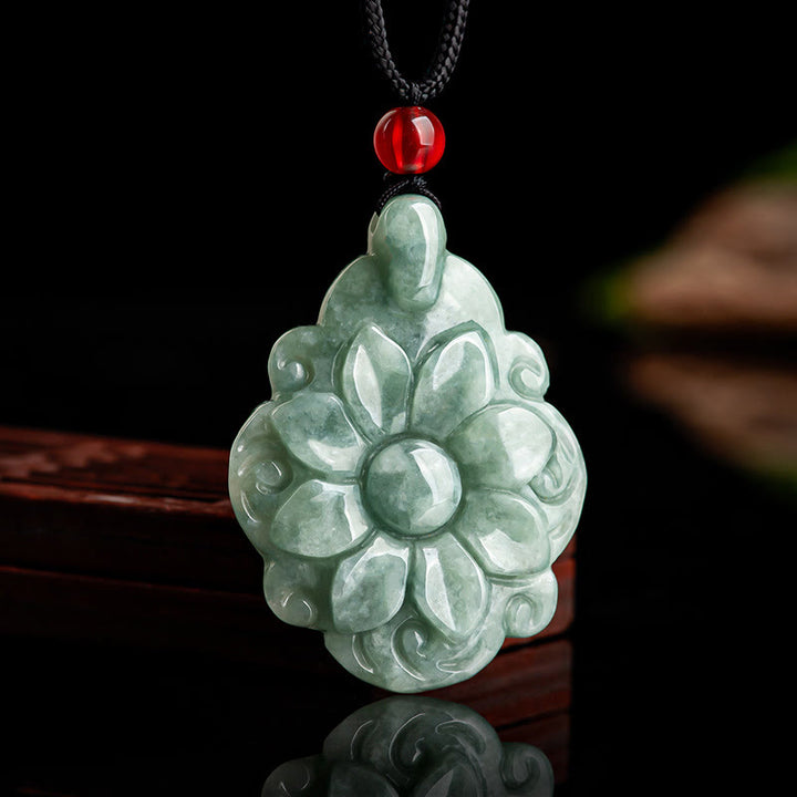 Buddha Stones Natural Jade Kalanchoe blossfeldiana Flower Pattern Luck Necklace Pendant