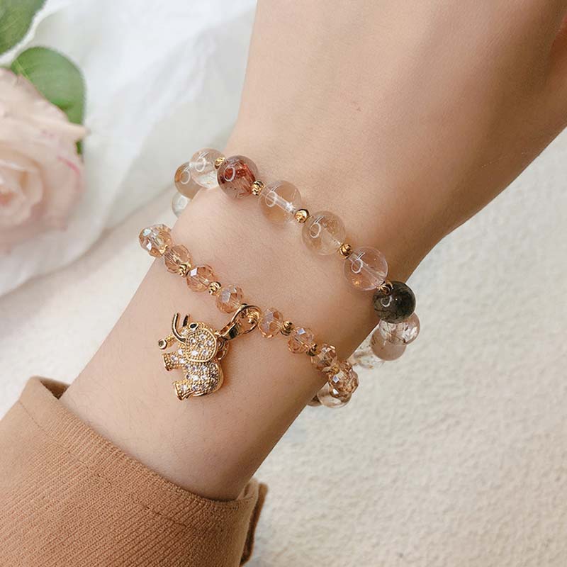 Buddha Stones Rose Quartz Elephant Healing Energy Charm Bracelet