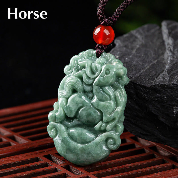 Buddha Stones Natural Jade 12 Chinese Zodiac Prosperity Necklace Pendant