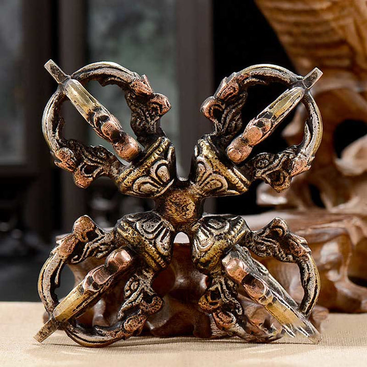 Tibetan Handmade 5 Prong Double Dorje Copper Iron Thunderbolt Strength Vajra